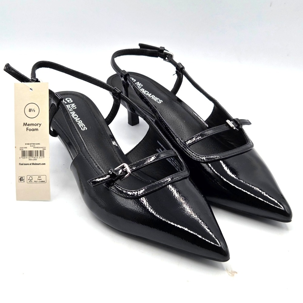 No Bo Black Patent Leather Slingback Pointed Toe Kitten Heels Straps Size 8.5